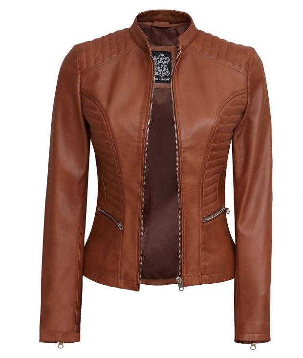 Rachel Womens Real Leather Tan Fitted Jacket - Image 2