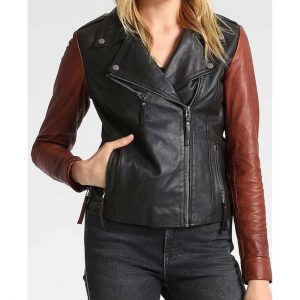 Women's Asymmetrical Zipper Biker Black Jacket with Brown Sleeves