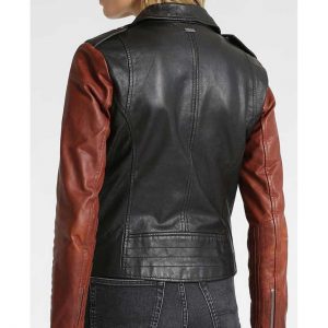 Alternative view of Women's Asymmetrical Zipper Biker Black Jacket with Brown Sleeves