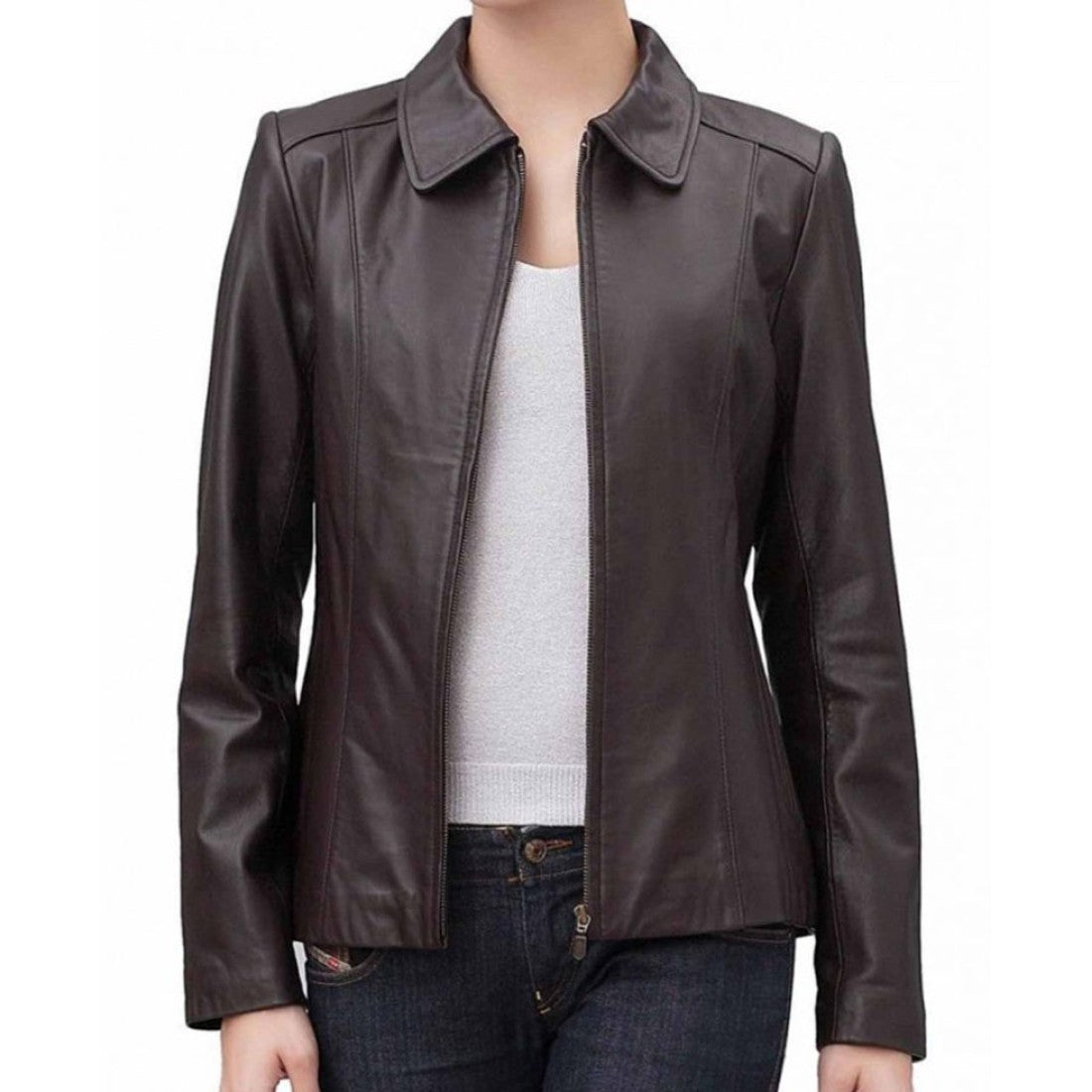 Women's Shirt Collar Casual Brown Leather Jacket - Image 4