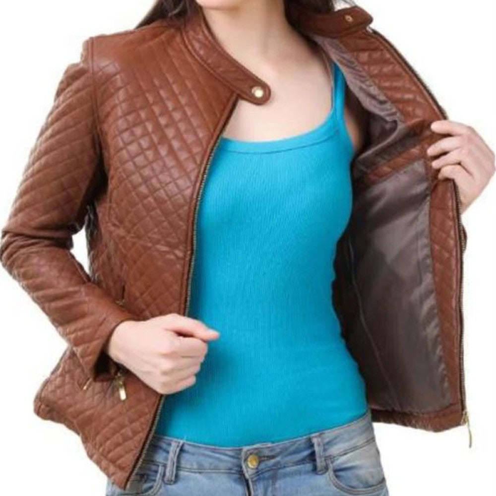 Women's Quilted Casual Brown Leather Jacket - Image 3