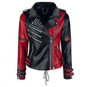 Alternative view of Womens Studded Leather Jacket - Handmade Punk Black & Red Studded Style Biker Silver Studs Spiked Jacket
