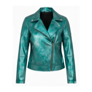 Emily In Paris Emily Green Metallic Biker Jacket Front