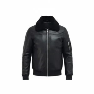 Mens Black Bomber Jacket with Fur Collar Front