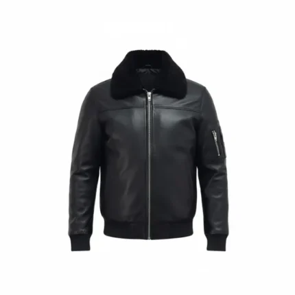 Mens Black Bomber Jacket with Fur Collar Front
