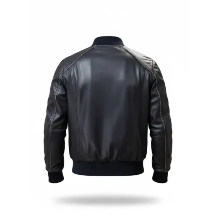 Mens Black Leather Bomber Jacket Back