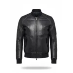 Mens Black Leather Bomber Jacket Front