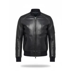 Mens Black Leather Bomber Jacket Front