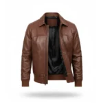 Mens Brown Distressed Bomber Leather Jacket Front Open
