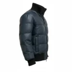 Mens Dark Blue Leather Puffer Jacket - Image 2