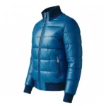 Mens Light Blue Bomber Leather Puffer Jacket - Image 3