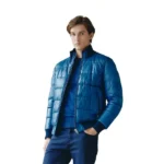 Mens Light Blue Bomber Leather Puffer Jacket - Image 4