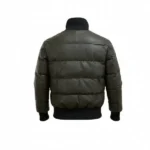 Mens Olive Green Bomber Leather Puffer Jacket - Image 5