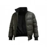 Mens Olive Green Bomber Leather Puffer Jacket - Image 4