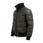 Mens Olive Green Bomber Leather Puffer Jacket - Image 3