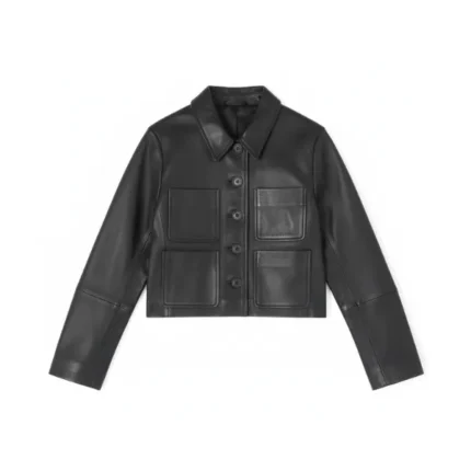 Wednesday Jenna Ortega Black Cropped Leather Jacket Front