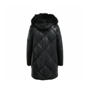 Women Black Leather Coat With Black Fur Hood Back