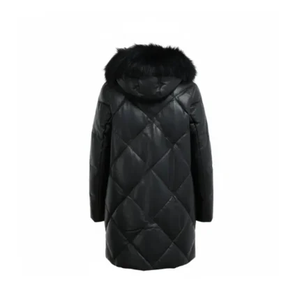 Women Black Leather Coat With Black Fur Hood Back