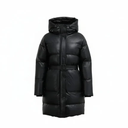 Women Black Long Puffer Coat with Hood Front