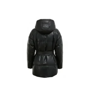 Women Black Longline Puffer Jacket with Hood Back