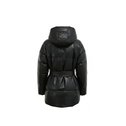 Women Black Longline Puffer Jacket with Hood Back