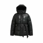 Women Black Longline Puffer Jacket with Hood Front