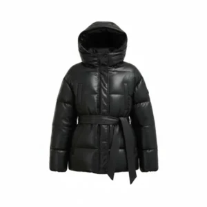 Women Black Longline Puffer Jacket with Hood Front