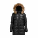Women Black Puffer Coat with Fur Hood Front