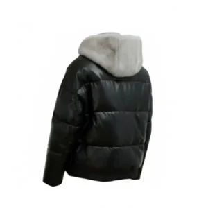 Women Black Puffer Jacket with Faux Fur Hood Back
