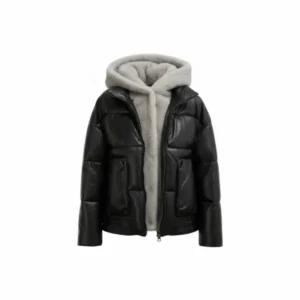 Women Black Puffer Jacket with Faux Fur Hood Front