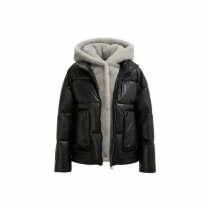 Women Black Puffer Jacket with Faux Fur Hood Front