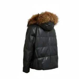 Women Black Puffer Jacket with Fur Hood Back