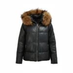 Women Black Puffer Jacket with Fur Hood Front