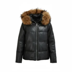 Women Black Puffer Jacket with Fur Hood Front