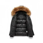Women Black Puffer Jacket with Fur Hood Front Open