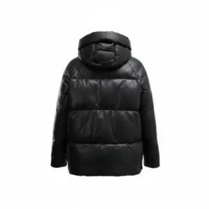 Women Black Puffer Jacket with Hood Back