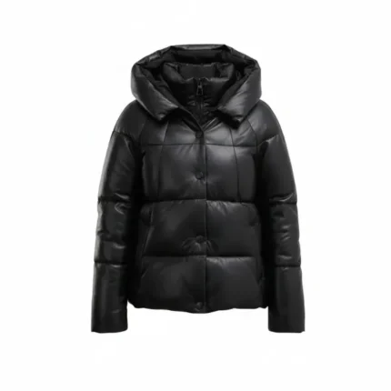 Women Black Puffer Jacket with Hood Front